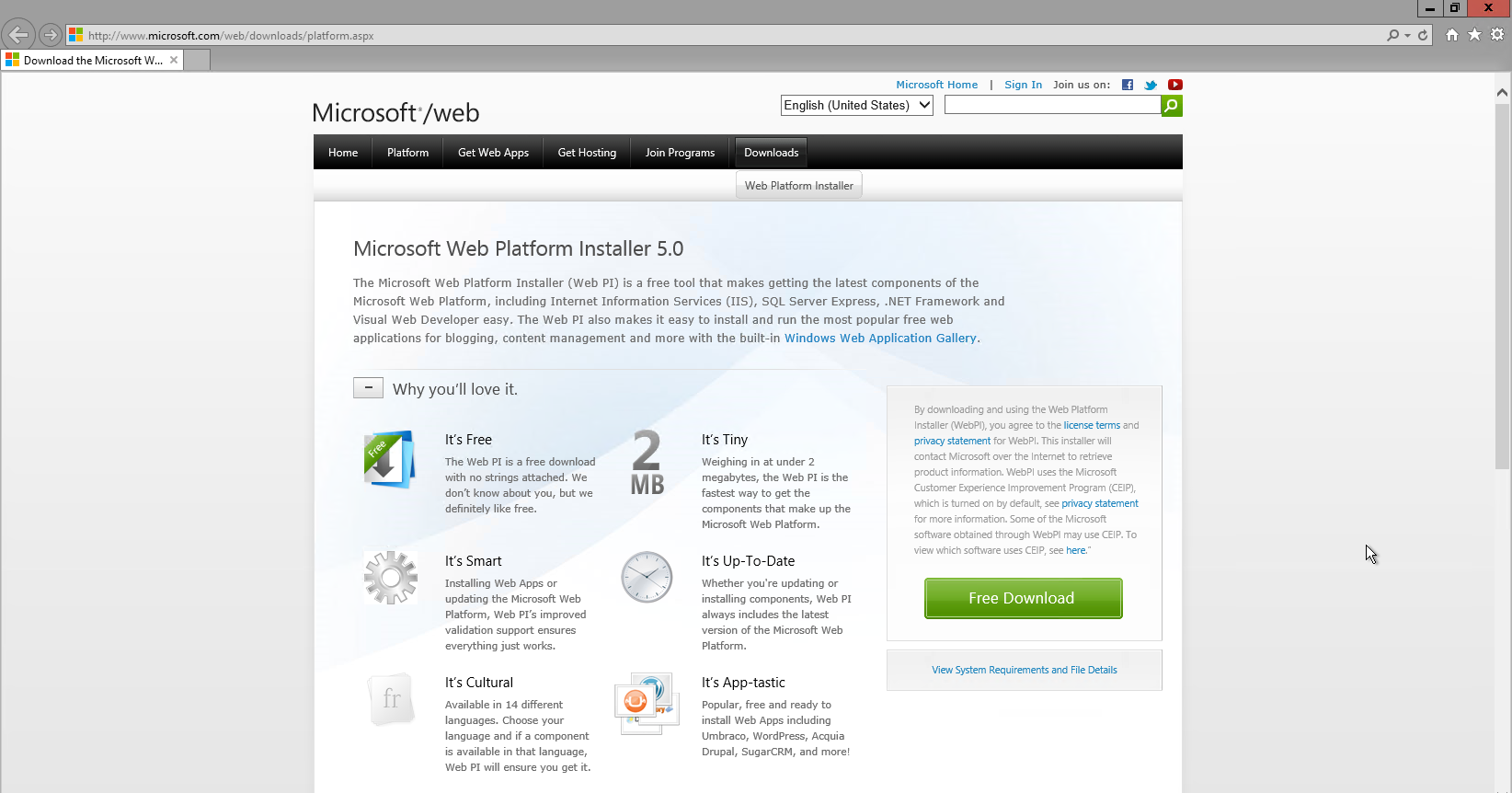 webpage for download of microsoft web platform installer with big green download button