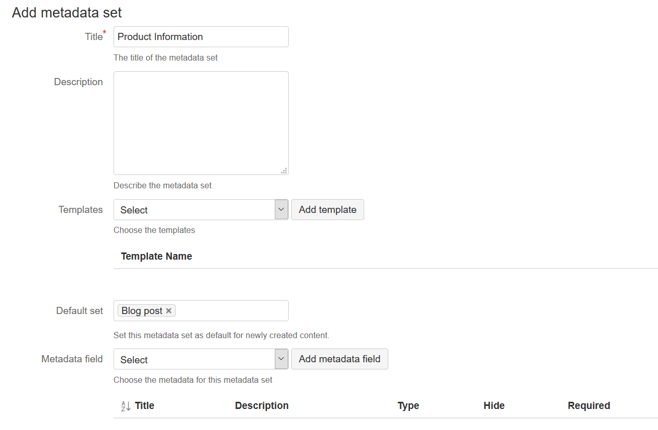 Screenshot of the configuration overview when creating a new metadata set
