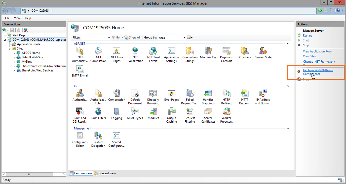 mouse hovers over Get New Web Platform Components link in IIS Manager