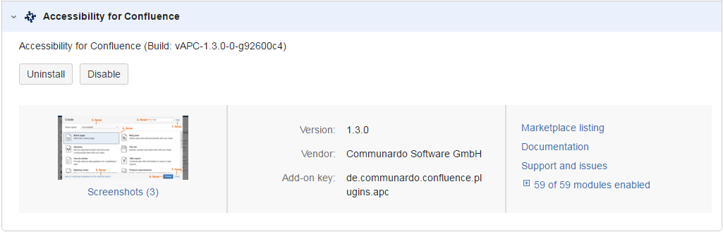 Entry of the Accessibility for Confluence app in the Manage Add-ons tab in the Confluence Administration