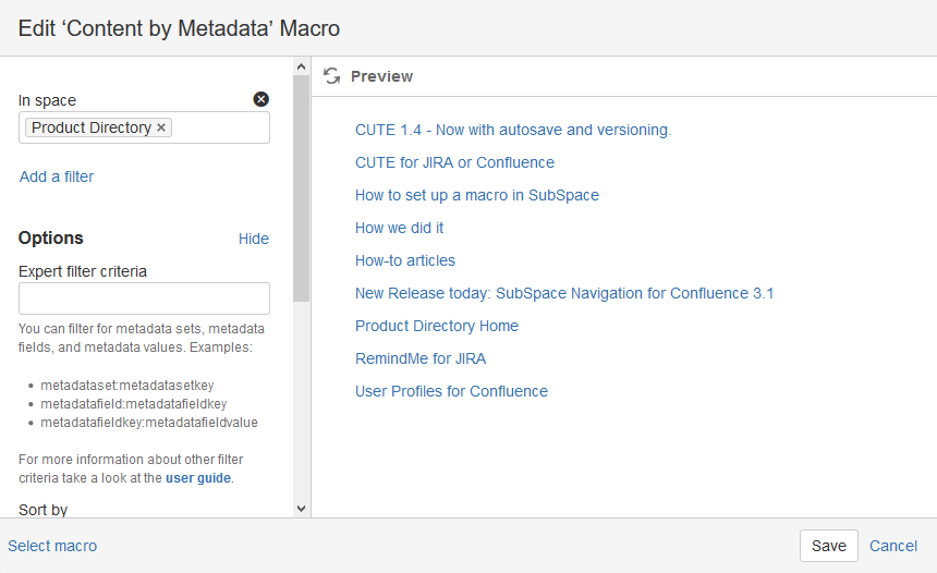 edit mode of the content by metadata macro showing a preview of a simple list of page titles as links