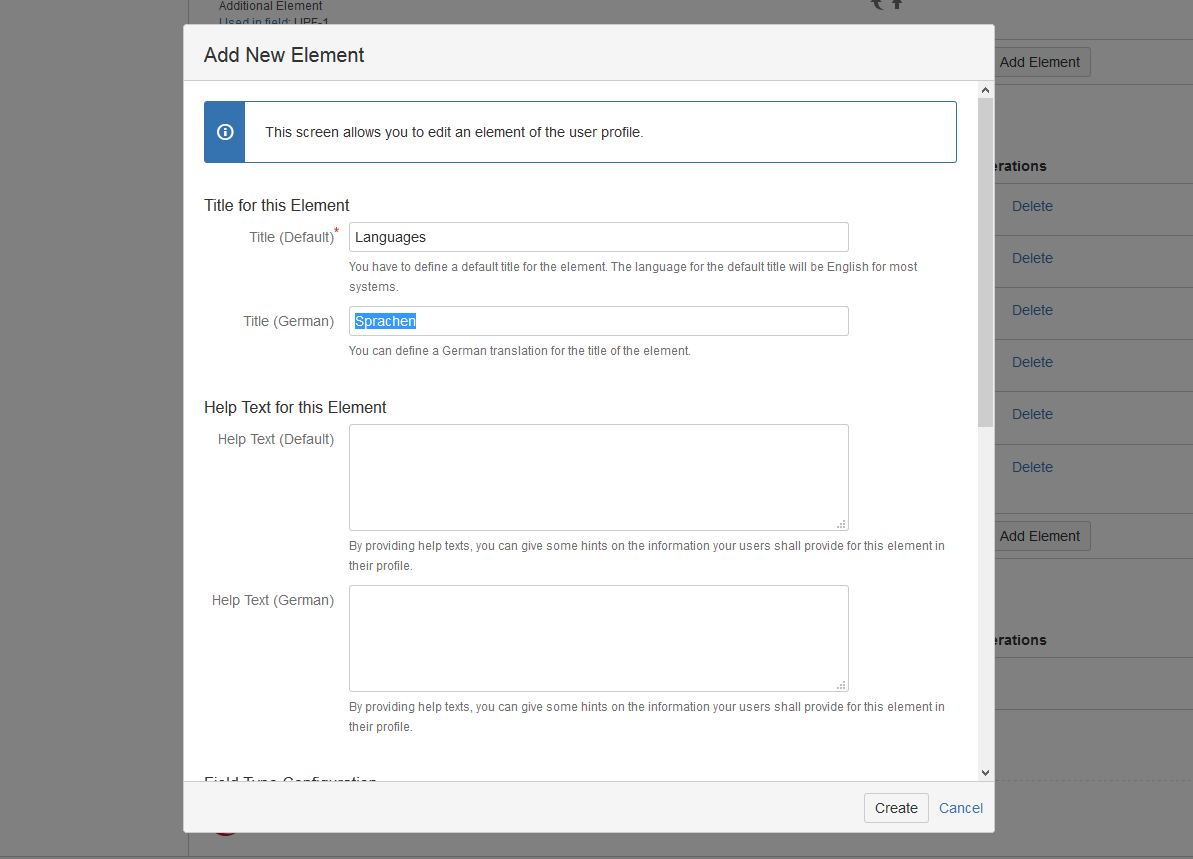 Administration - Profile Elements - Add new Element